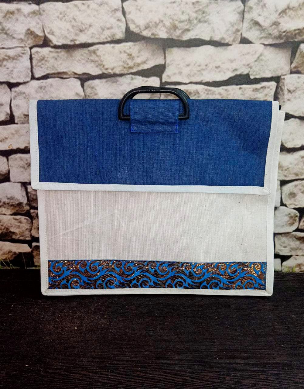 Blue flap folio bag with printed border