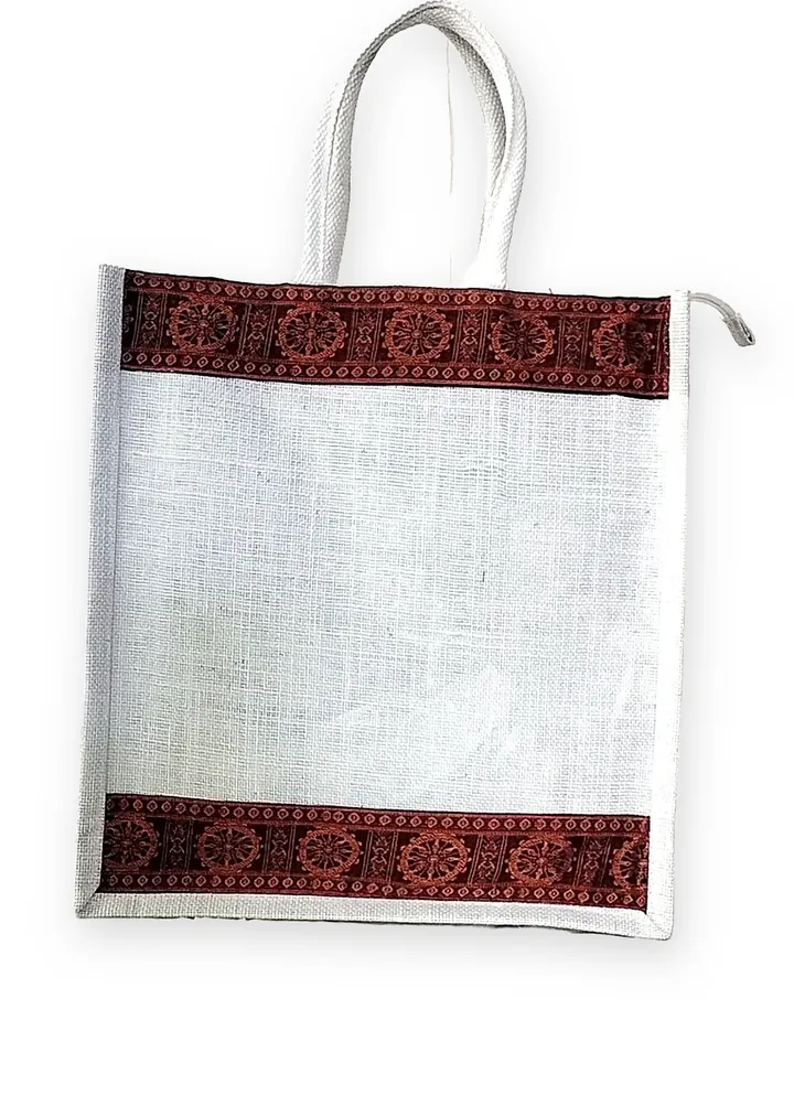 White woven jute bag with red Sambalpuri textile border, rotatable 360 degree product view
