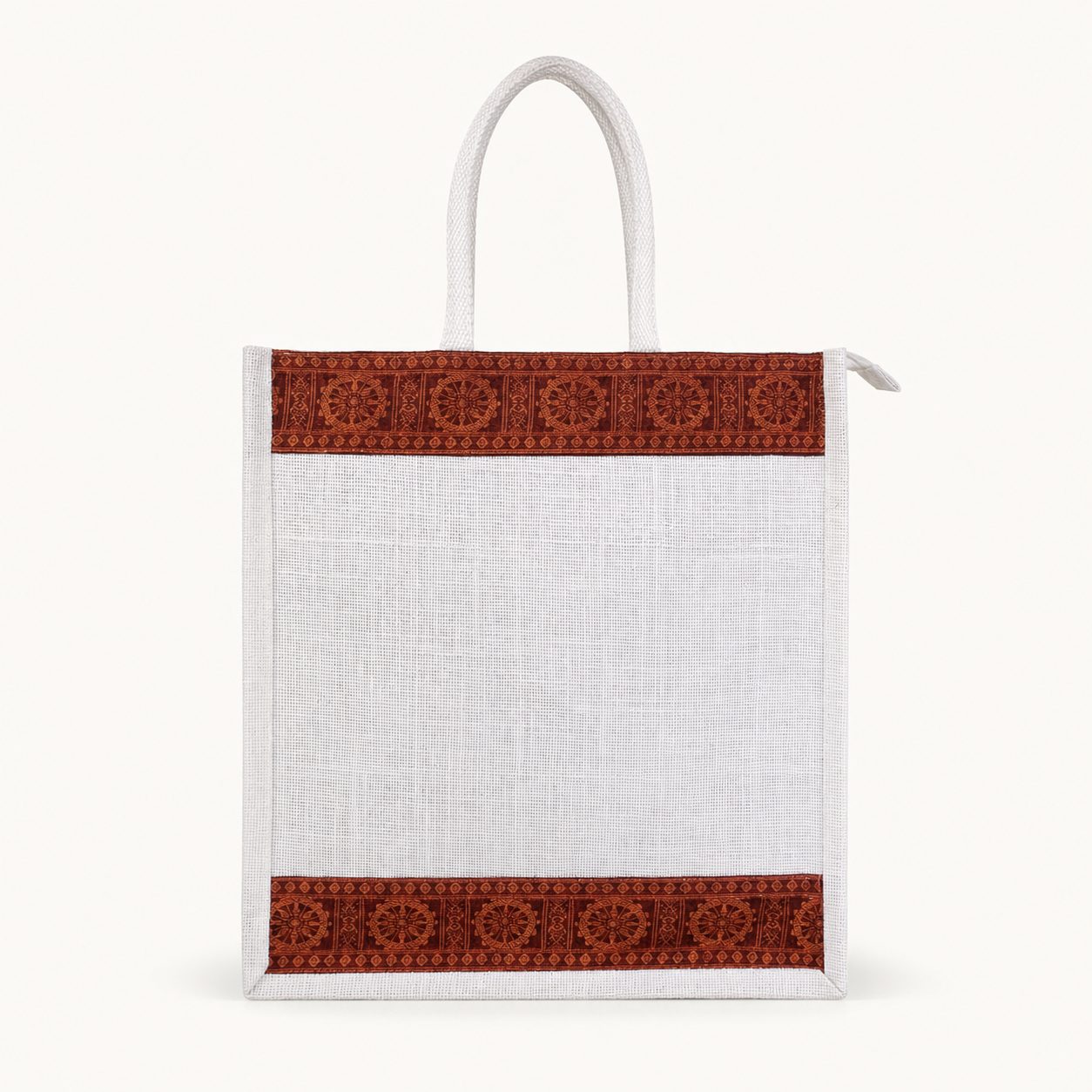 White jute Sambalpuri bag — back view with Sambalpuri borders