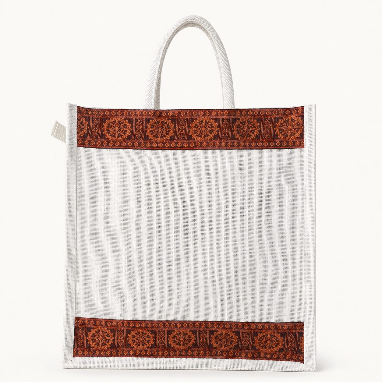 White jute Sambalpuri bag — front view with red Sambalpuri borders at top and bottom