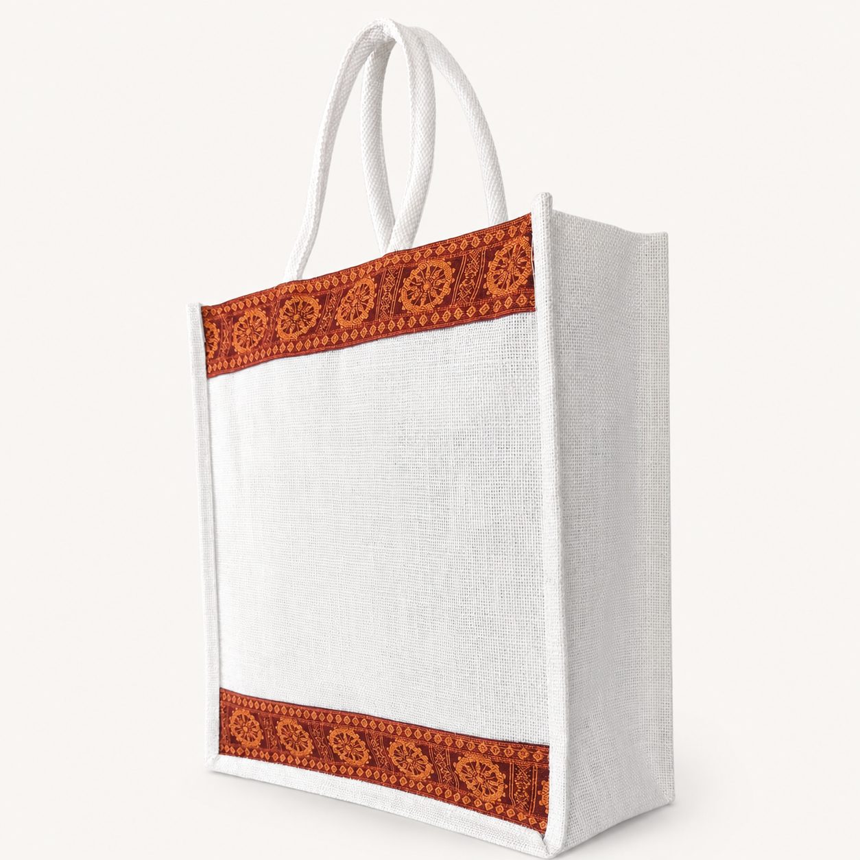 White jute Sambalpuri bag — three-quarter angled view showing front and gusset
