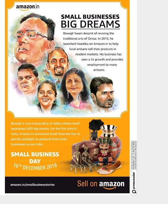 Amazon Small Businesses Big Dreams national newspaper campaign featuring Haastika founder, 2018