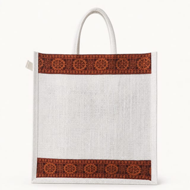 White jute Sambalpuri bag — front view with red Sambalpuri borders at top and bottom
