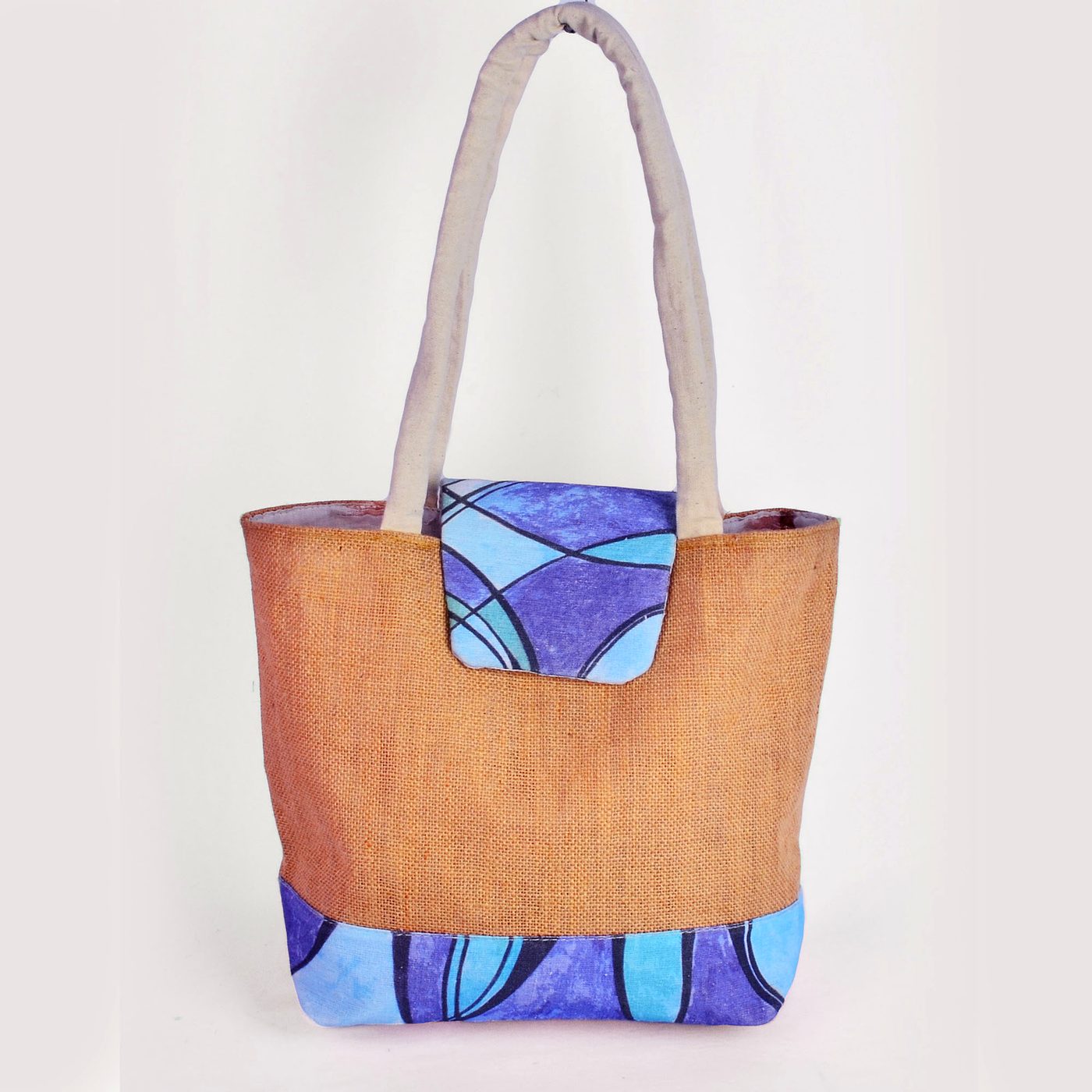 Jute ladies tote with blue printed panels and canvas handles