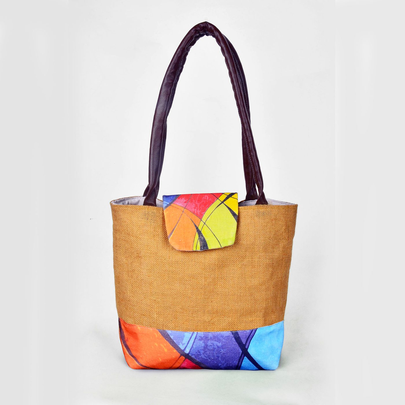 Jute ladies tote with multicolour printed panels