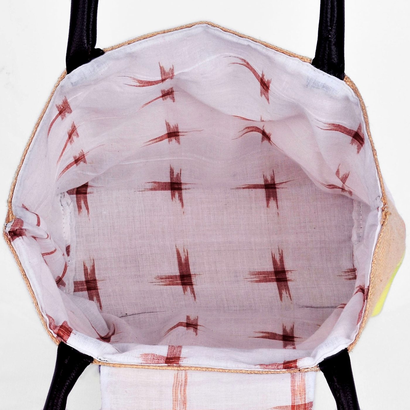 Inside view showing ikat cotton lining of a Haastika jute tote