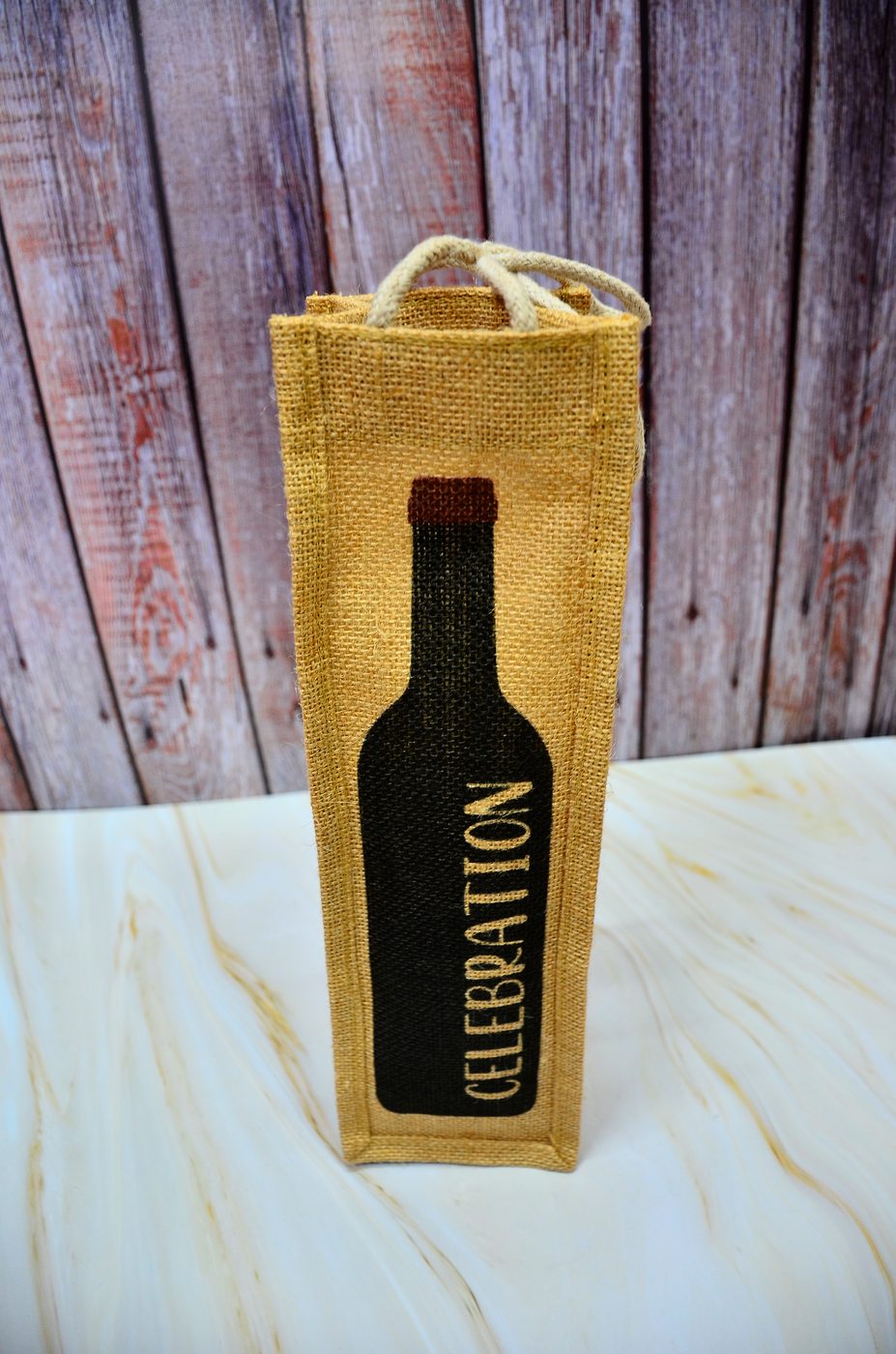 Jute wine bottle bag printed with Celebration design