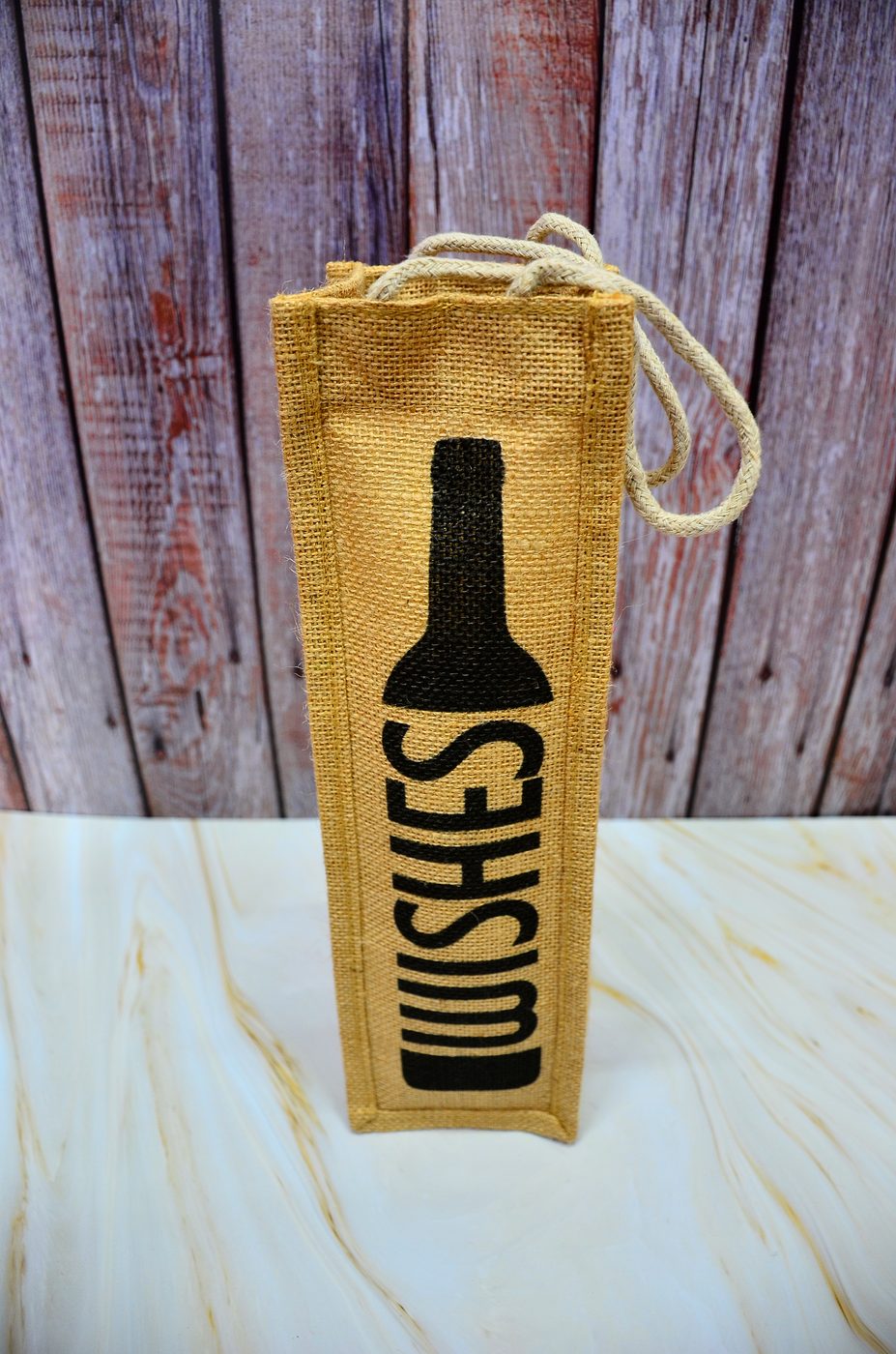 Jute wine bottle bag printed with Wishes design